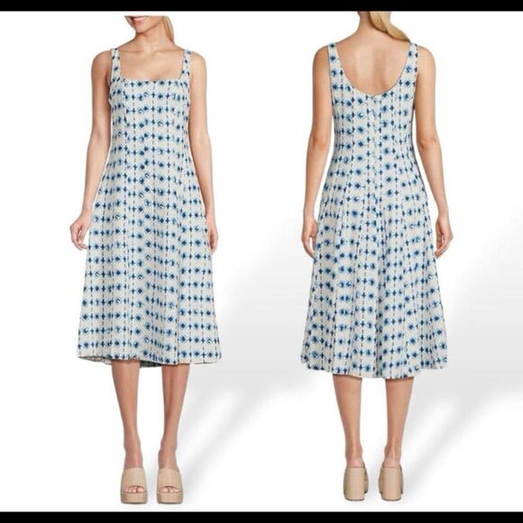 Christian Lacroix linen blend Dress vintage blue white sz L - Picture 1 of 9